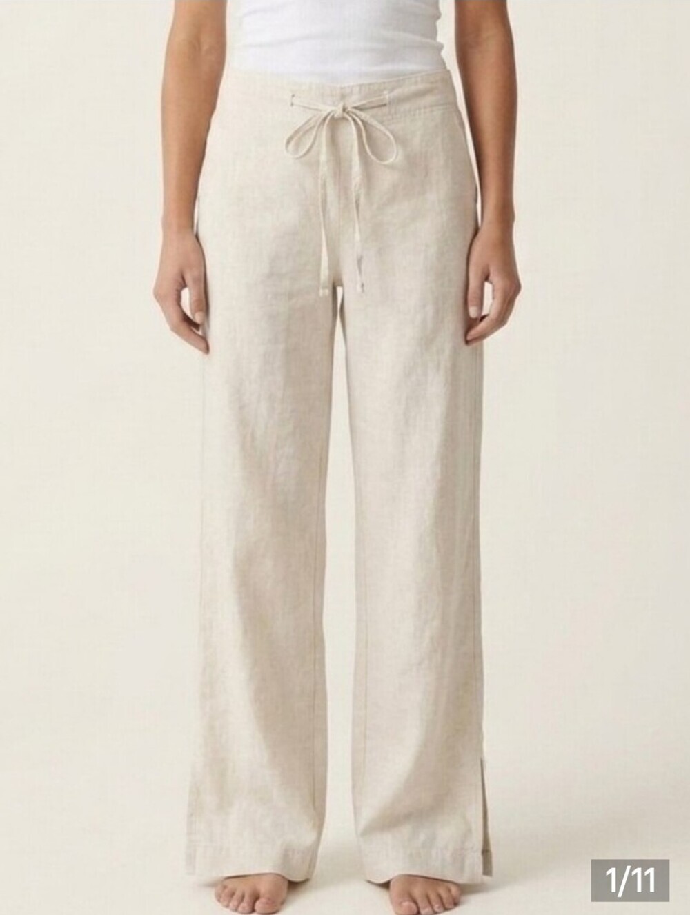 Express Womens Beige Button & Drawstring Wide-Leg Mid Rise Linen Pants, Size 7/8